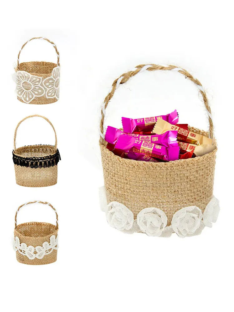 

10PCS Lace Burlap Flower Basket Eco-friendly Linen Handle Vintage Candy Storage Organizer For Wedding Party Festive Table Decor