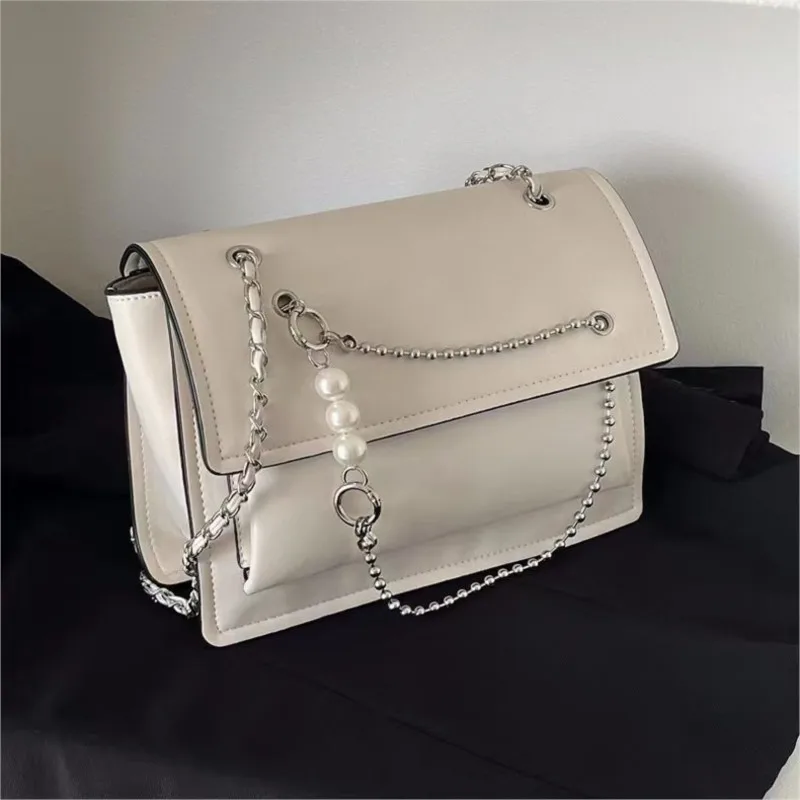 JIAERDI Solid Color Beaded Chain Handbag Women Leather Large Capacity Shoulder Bag Ladies Fashion Versatile Commute Tote Bag New