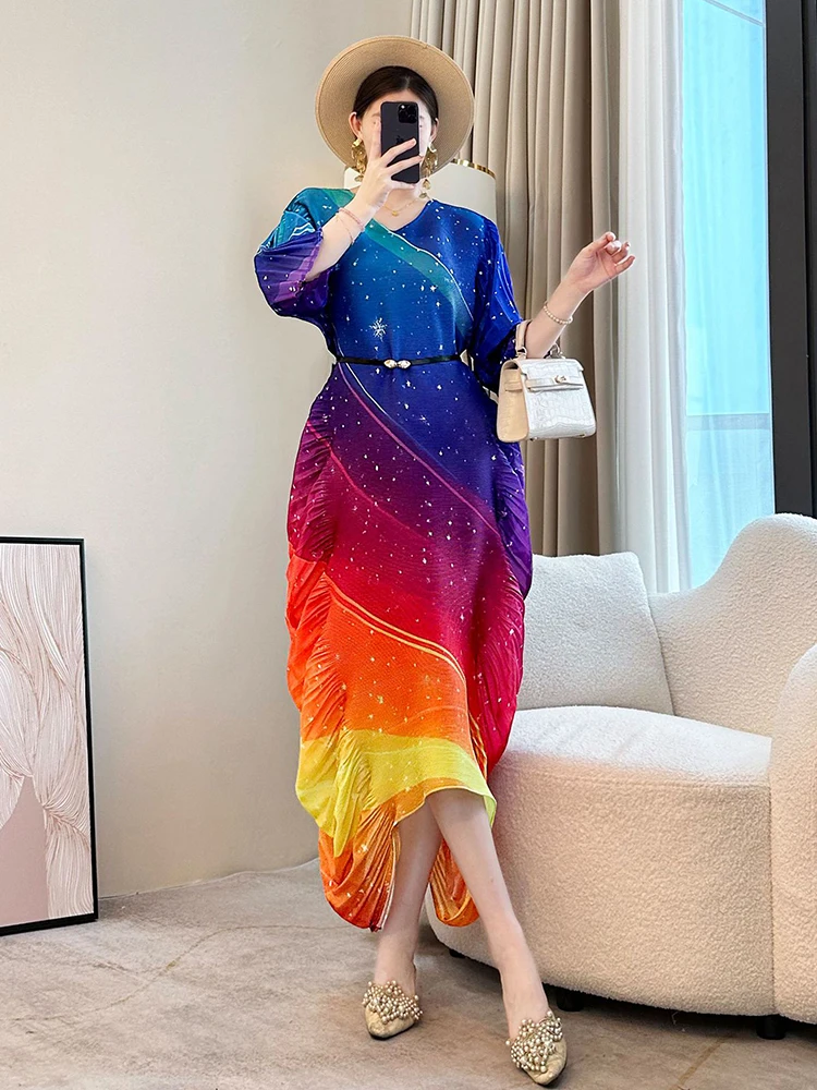 LANMREM Gradient Colorblock Design Pleated Dress For Women 2025 New Loose Causal Three Quarter Sleeve chic Long Dresses 2DB2985 - Image 2