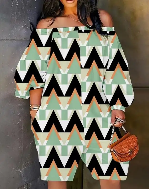 

Casual Long Sleeve Pocket Geometric Print Off Shoulder Romper