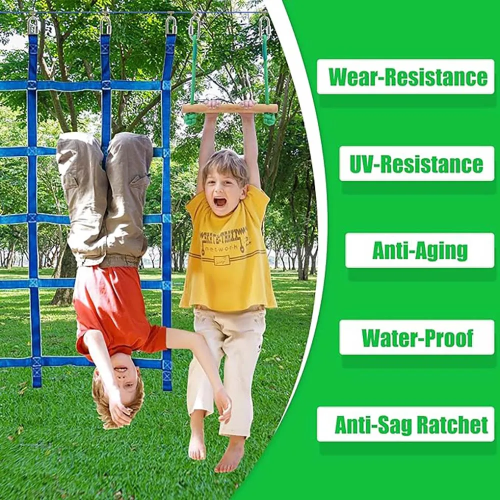 Warrior Obstacle Course For Kids And Adults - 65FT Slackline With Tree Climbing Rock Holds, Swing Seat, Monkey Bars, Ring Wheel, 6