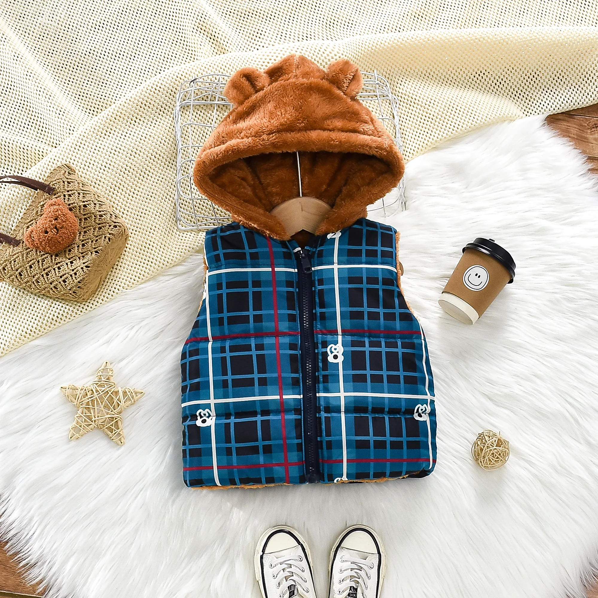 Winter New Boys Vest, Hooded Furry Plaid Pattern Thermal Underwear Sleeveless Zipper Horse Season Bear Ears