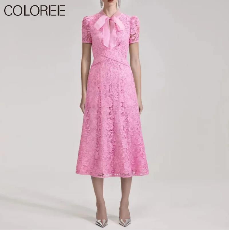 

Luxury High Quality Runway Designer Dress Women Elegant Bow Short Sleeve Pink Lace Dresses 2023 Korean Fashion Summer Clothes