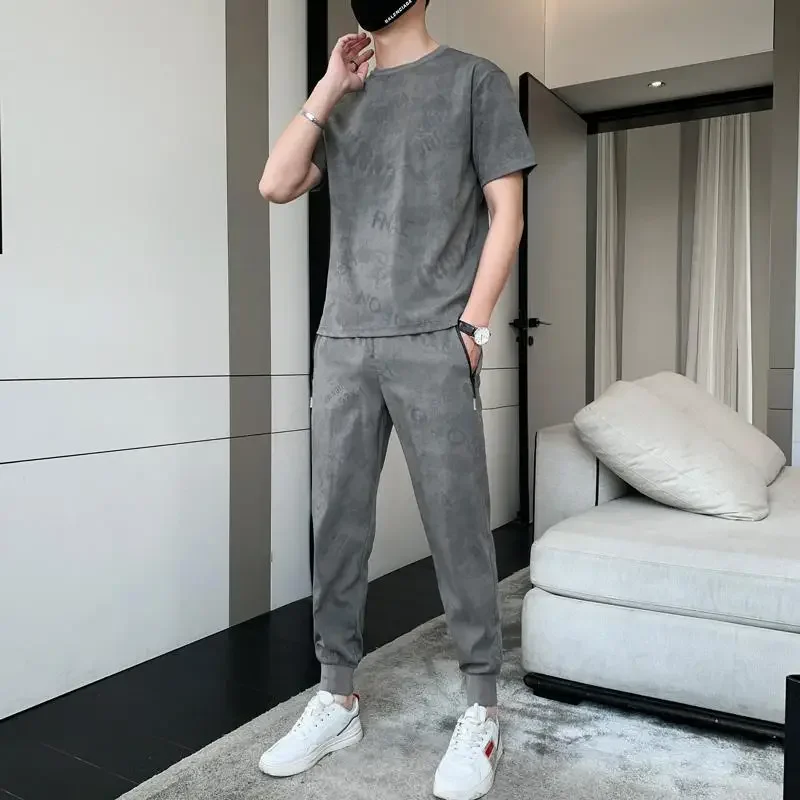 

Pants Sets Smooth T Shirt Man Grey Sports Suits Sweatpants Top Alphabet Tracksuit Jogger Men's Clothing Korean Style 5xl Elastic