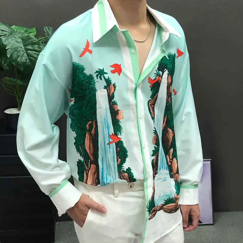 

Рубашка мужская с длинным рукавом, Повседневная Свободная блуза с отложным воротником, с принтом, на осень