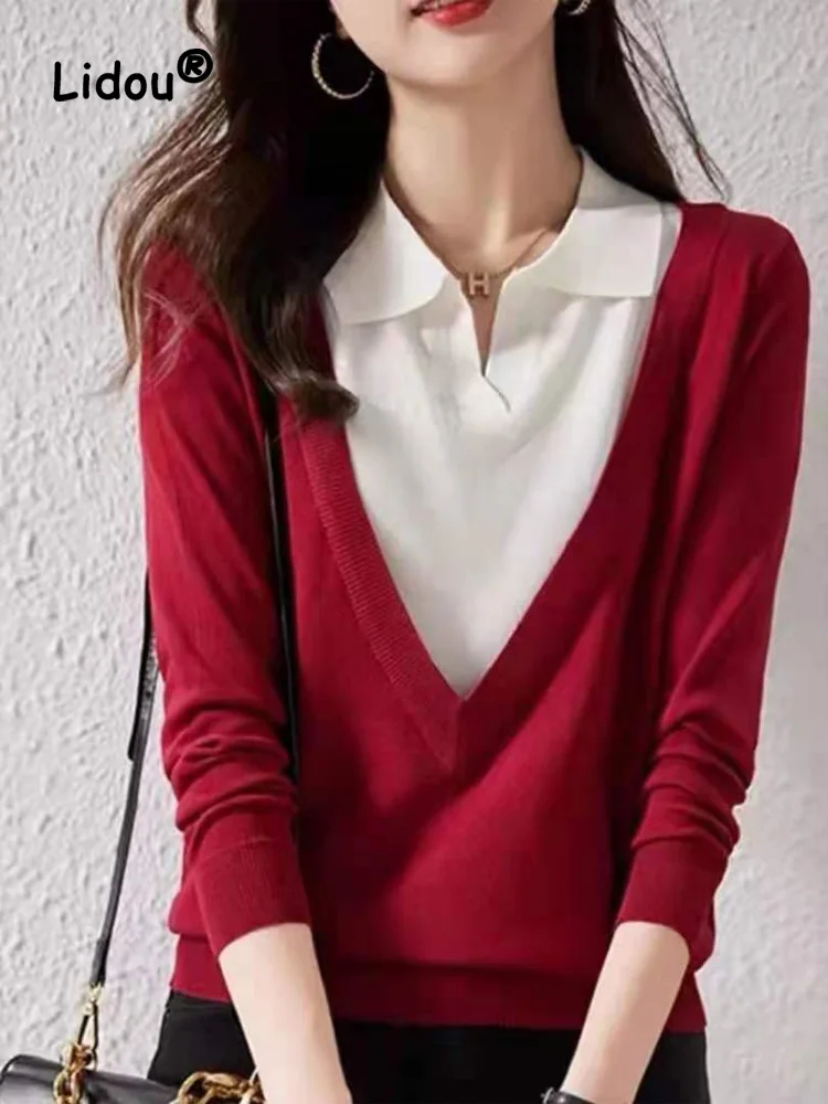 

Spring Autumn Fashion Color Contrast Knitting Sweaters Women New Classic Long Sleeve Polo Collar Patchwork All-match Top 2022