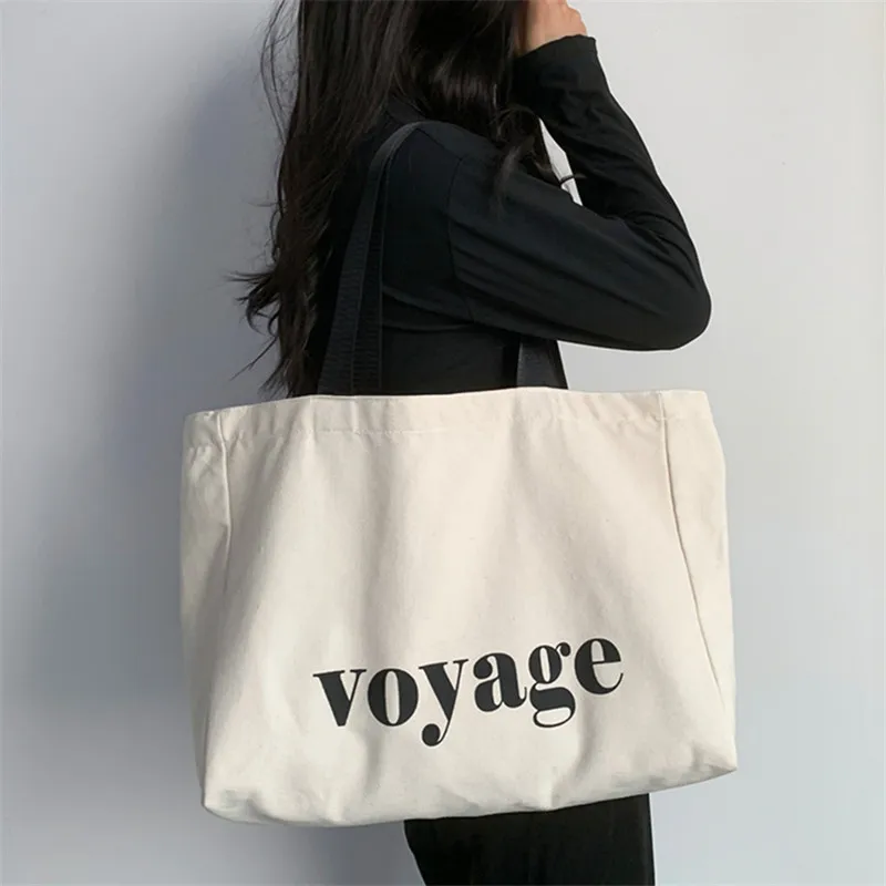 Large Canvas Tote Bag For Women With Voyage Lettering Casual Handbag Shoulder Bag Perfect For Travel Shopping Durable School Bag