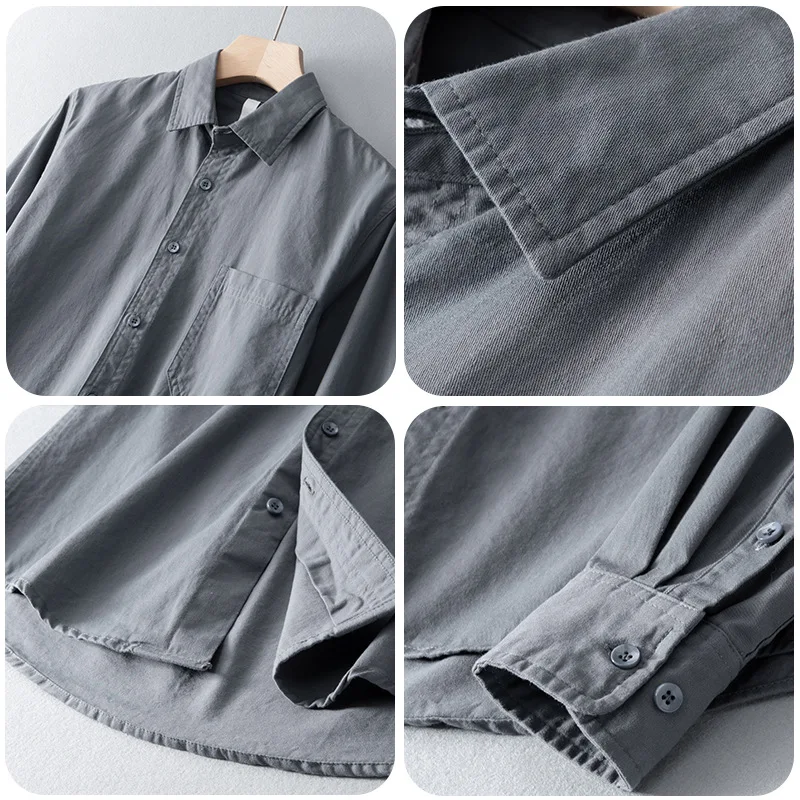 Men's Long Sleeved Shirt Casual Pure Cotton Washed Lapel Shirts Work Clothes Sold Color Versatile Basic Shirt With Chest Pocket