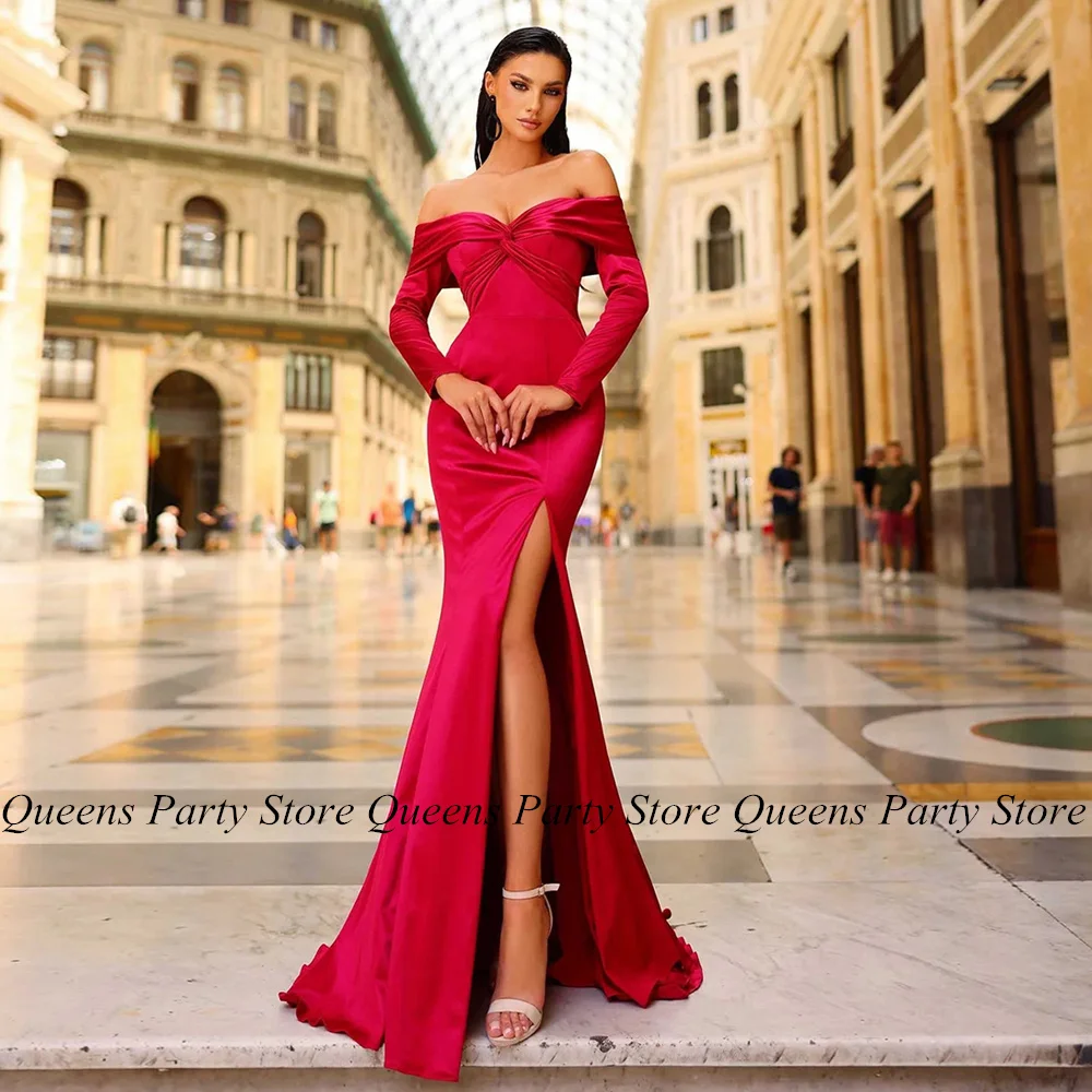 

High Slit Mermaid Evening Dress Sweetheart Long Sleeve Pleat Sweep Train Backless Trumpet Prom Gown Formal Party Dresses