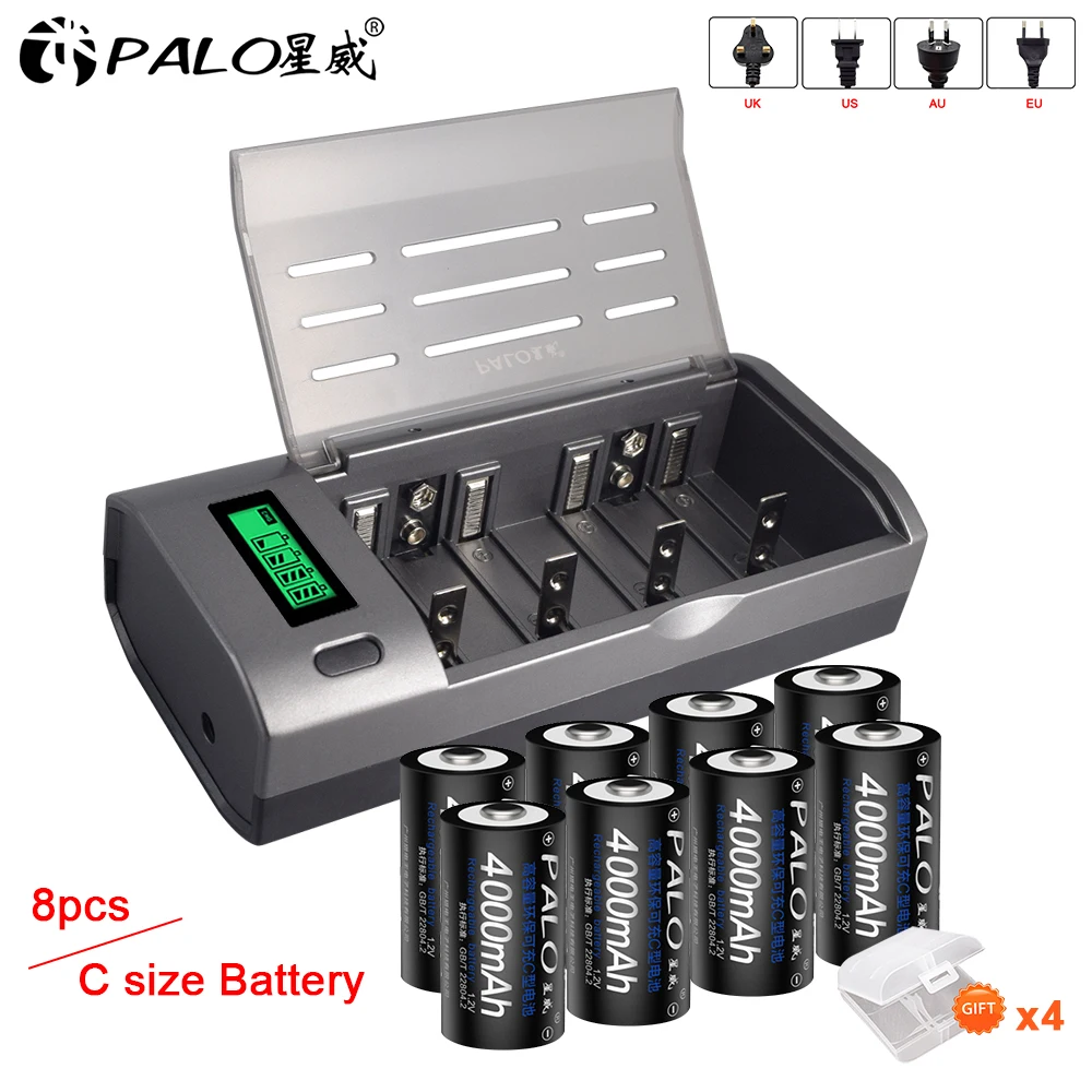 Acheter PALO C taille batterie 4000mAh piles rechargeables LR14 1.2V NI-MH  LCD chargeur Kit pour AA AAA CD 9V chargeur de batterie ensemble