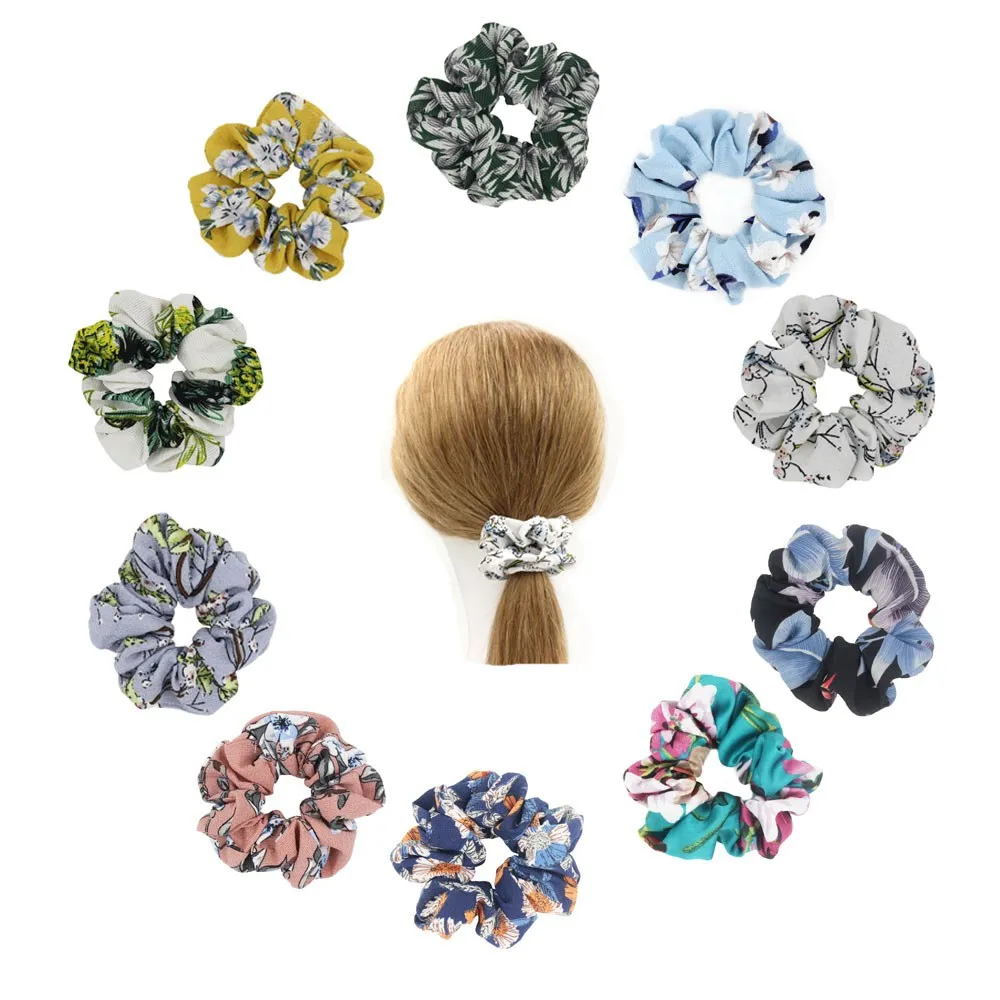 

Fashion Women Girls 6 Pack Flower Cloth Fabric Hair Accessories Chiffon Ponytail Holder Bobbles Printted Elastic Hair Bands