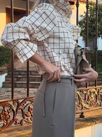 Doux femmes volants Plaid violet chemises 2025 mode dames décontracté col montant Blouses pour fête femme élégant hauts vêtements 3