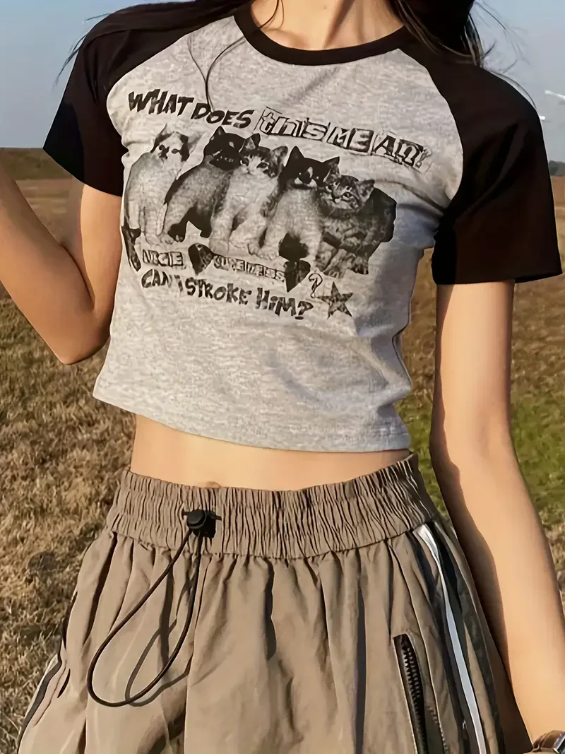 Crop Top Donna Gotico Harajuku Y2K - Maglietta Manica Corta Stampa Cartoon, Vestibilità Slim, Streetwear Estivo Per Ragazze, Nero