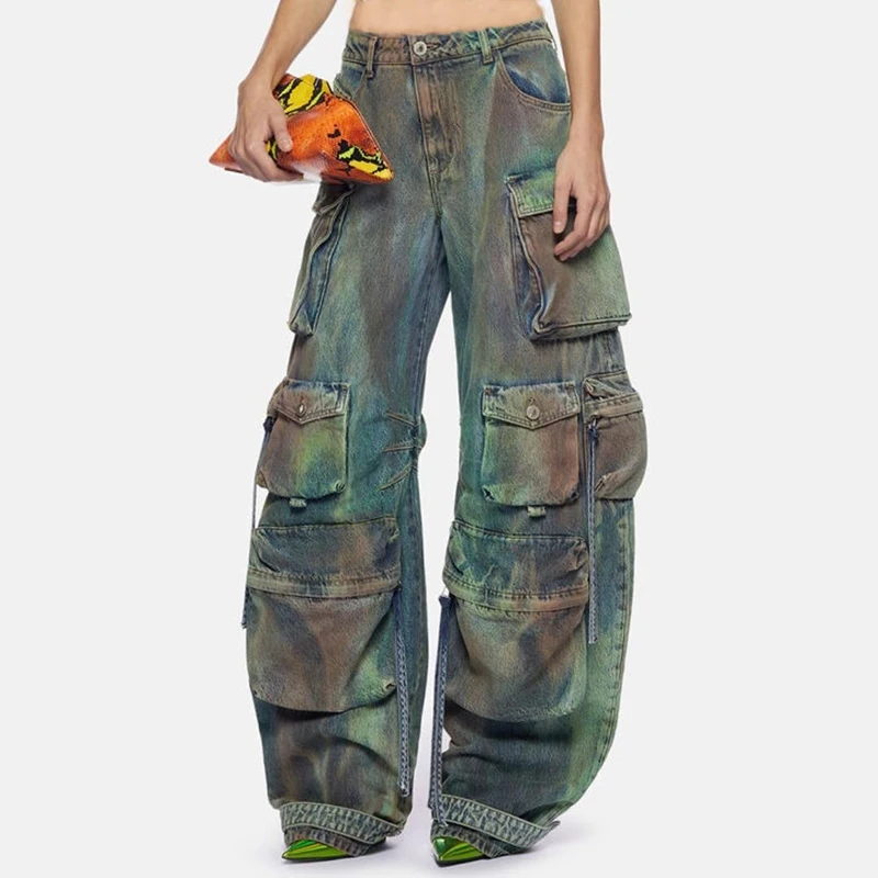 Women Tie Dye Washed Denim Cargo Pants Big Multi-pockets Straight Jeans Loose Trousers Cool Hiphop Lady Baggy Pants Streetwear