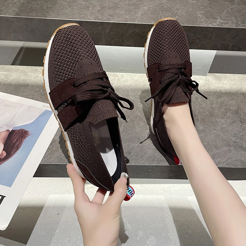 Brown Knit Breathable Sneakers Shoes Women Soft Sole Platform Flats Woman Plus Size 43 Non Slip Casual Shoes Zapatos De Mujer