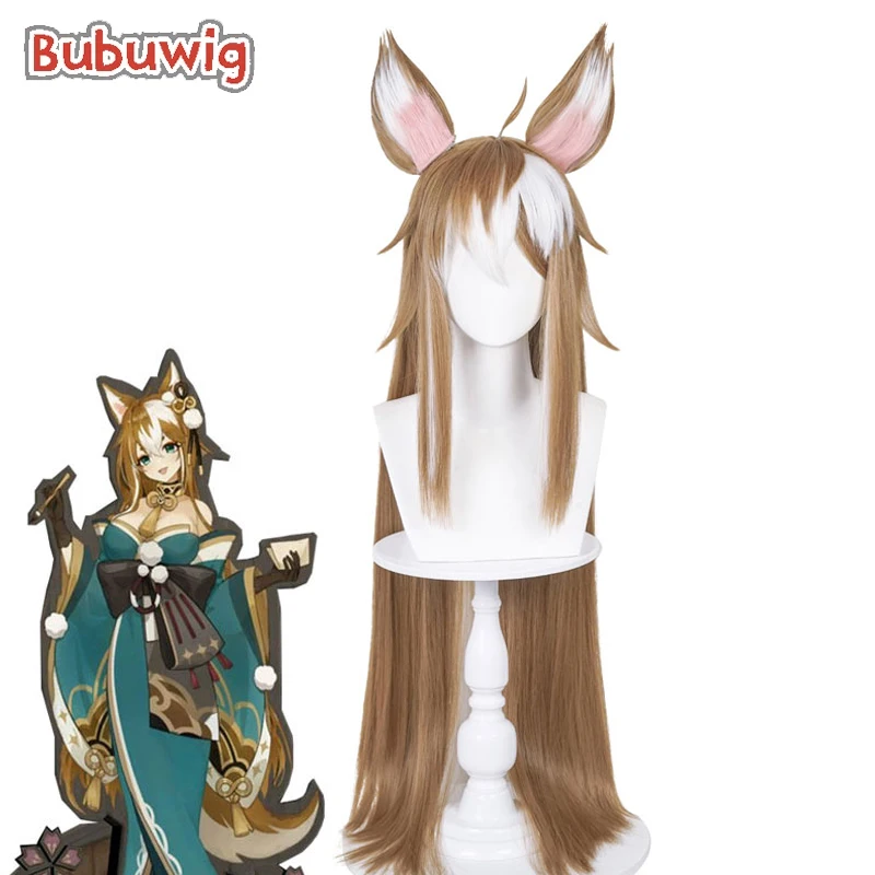 Bubuwig Synthetic Hair Hina Gorou Cosplay Wigs Genshin Impact Hina Gorou 100cm Long Straight Brown Wig With Ears Heat Resistant gorou gsc ob11 ob22 hair genshin impact handmade doll wig customized product anime game cosplay toy accessories free shipping