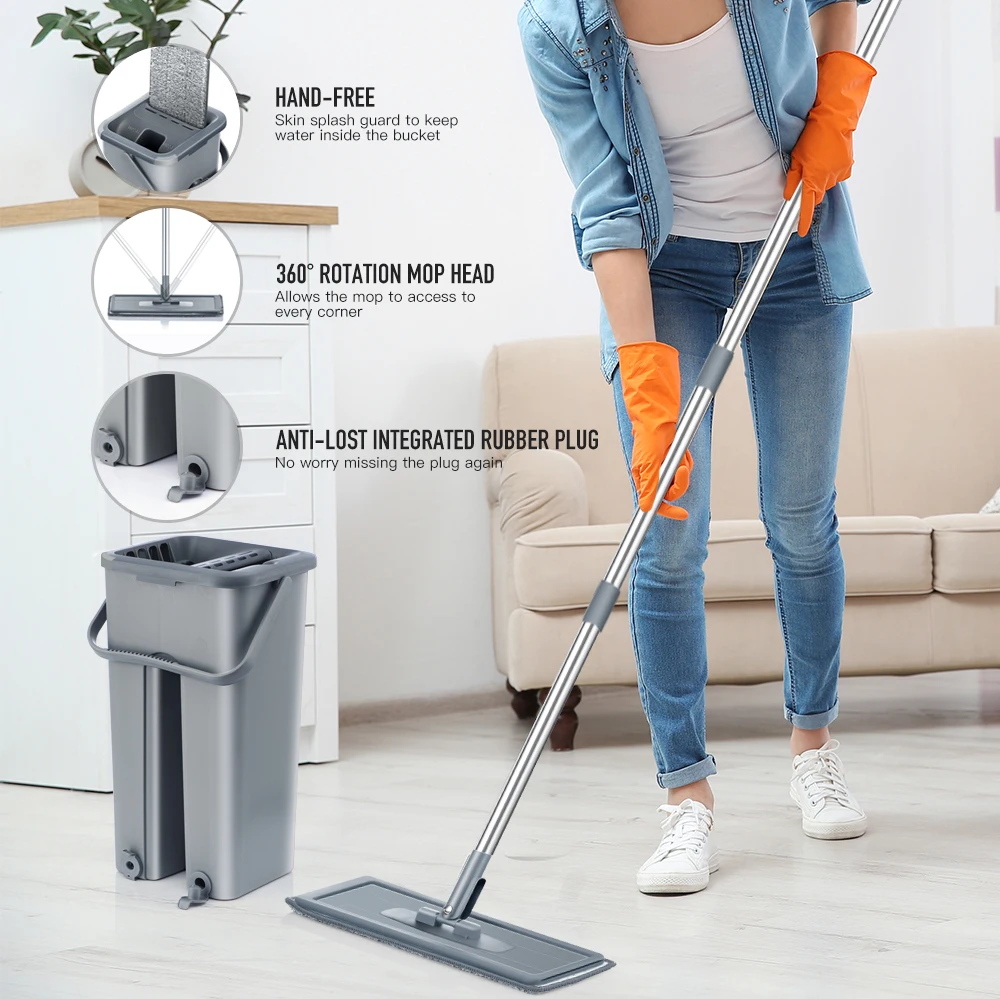 Hand Free Flat Floor Mop And Bucket Set For Professional Home