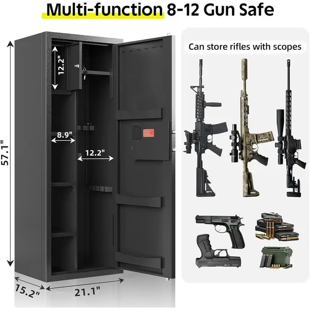 Large Electronic Keypad Gun Cabinet for Home Defense - 8-12 Gun Storage with Adjustable Shelves, Rifle Rack, and Ammunition Stor 2