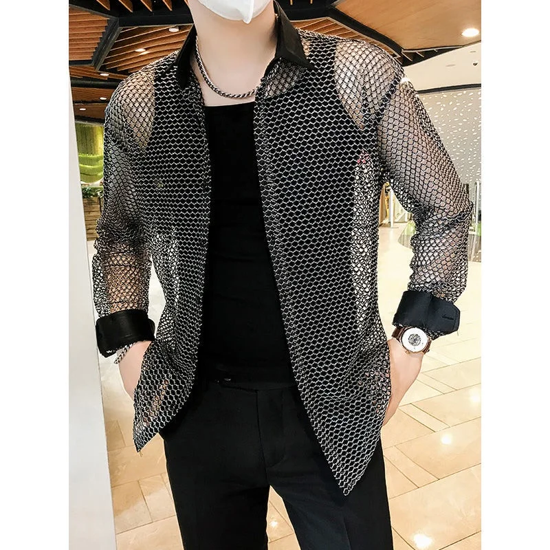 Shirt For Men 2022 New Arrival Summer Hollow Out Mesh Male Shirt Loose Teenager Tops Korean Style Black White S53