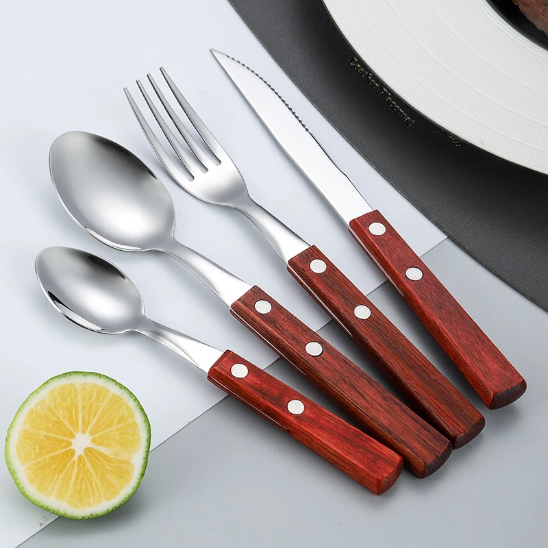 Stainless Steel Tableware Reusable Portable Set Mirror Silverware Wood Handle Knife Fork Spoon Home Kitchen Western Cutlery