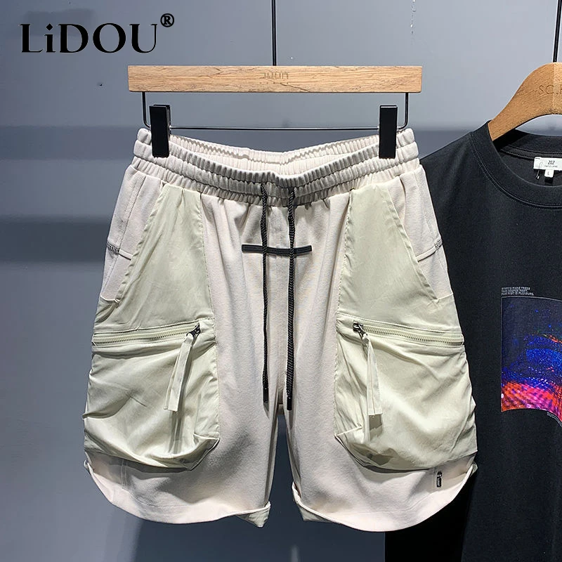 

Summer New Vintage All-match Patchwork Motion Shorts Man Clothing Solid Color Elastic Waist Pockets Drawstring Knee Length Pants