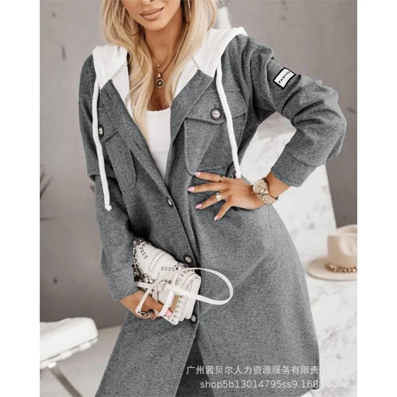 Wepbel Y2K Hooded Mid-Length Coat Jackets Women Long Sleeve Single Breasted Pockets Trench Outwear Fashion Longline Hooded Coat