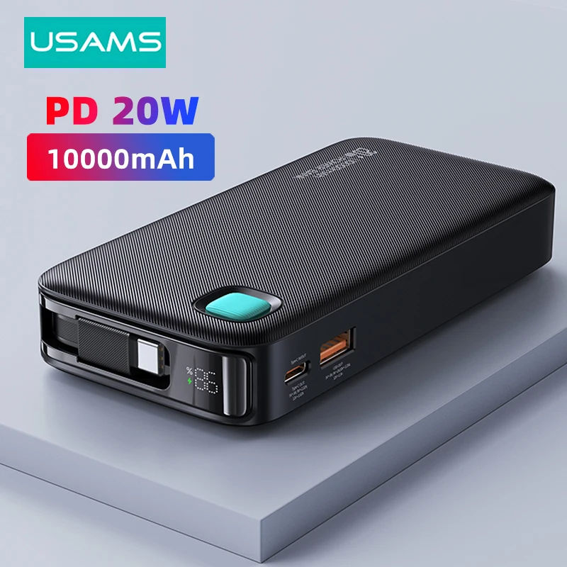 USAMS 20W Power Bank 10000mAh with Retractable Cable Powerbank PD Fast Charging Portable External Battery Charger For Smartphone power bank