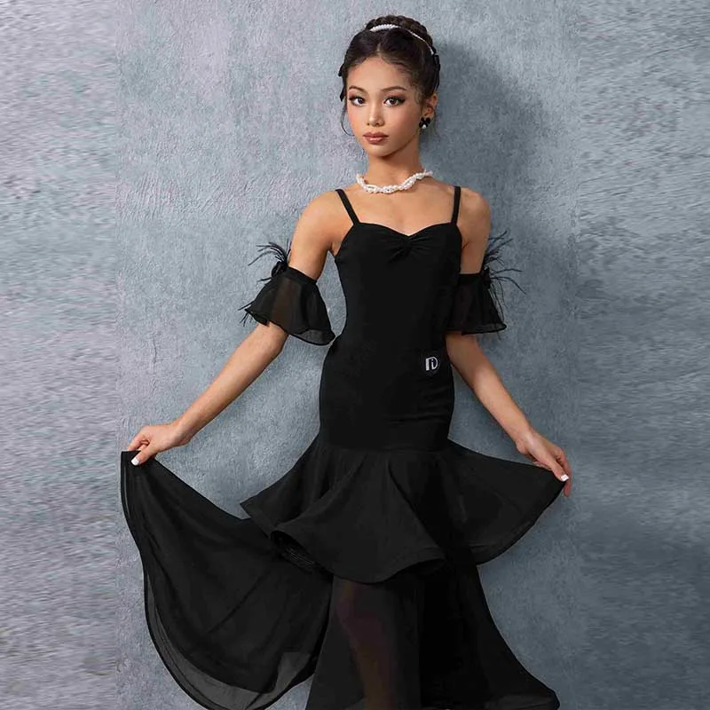 Girls Ballroom Dance Dress Wlatz Tango Modern Dance Competition Costume Chiffon Double Layer Skirt Hem Standard Dresses