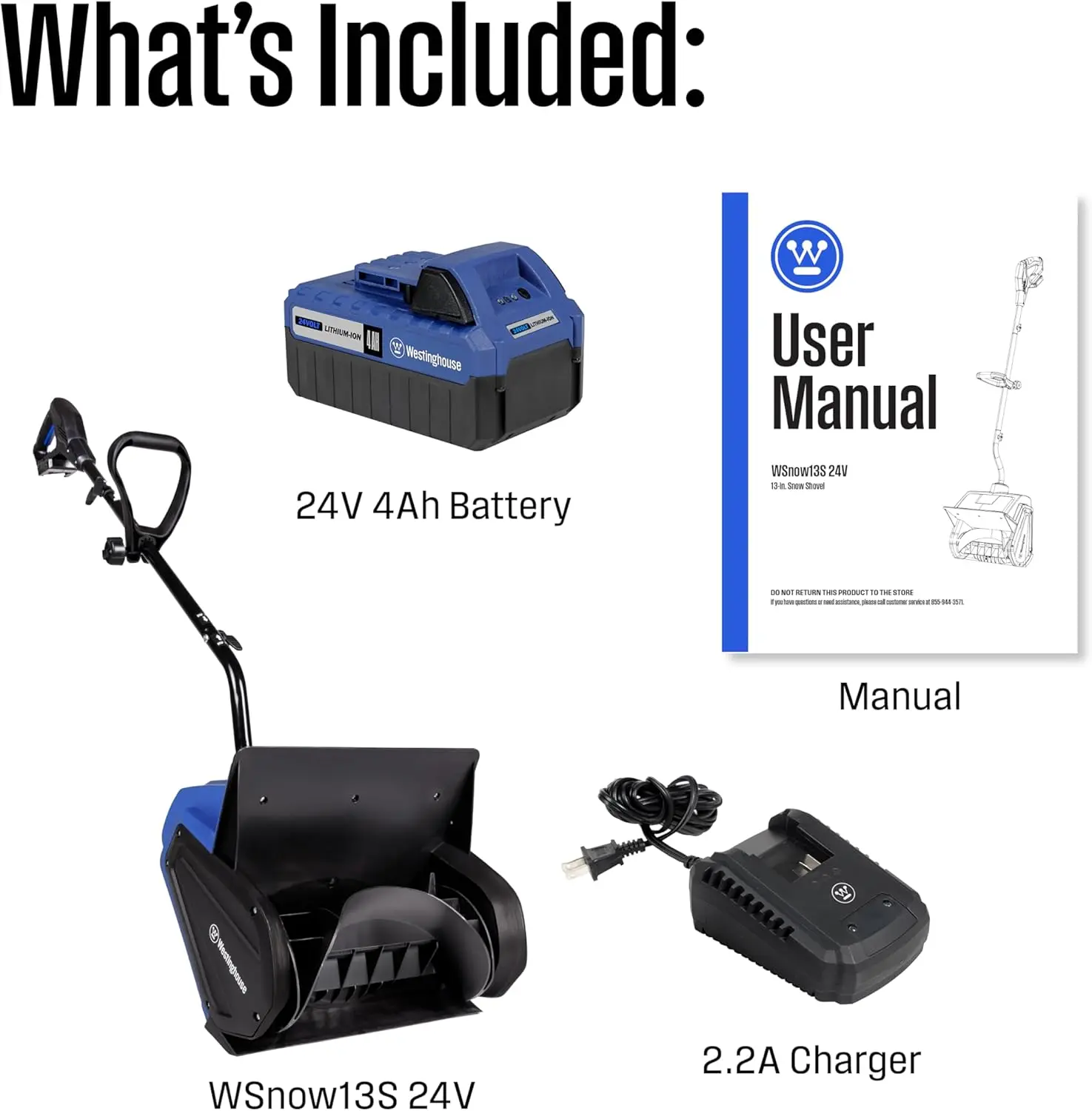 WSnow13S 24V Cordless Snow Shovel 13 Inch Kit, 24V 4Ah Battery, Fast Charger, Electric Snow Shovel with 20ft Throwing Distance