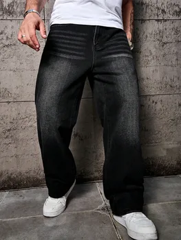 1pc Vintage Style Men's Black Washed Distressed Loose Wide Leg Relaxed Straight Jeans, Perfect Gift for Husband, Boyfriend 1
