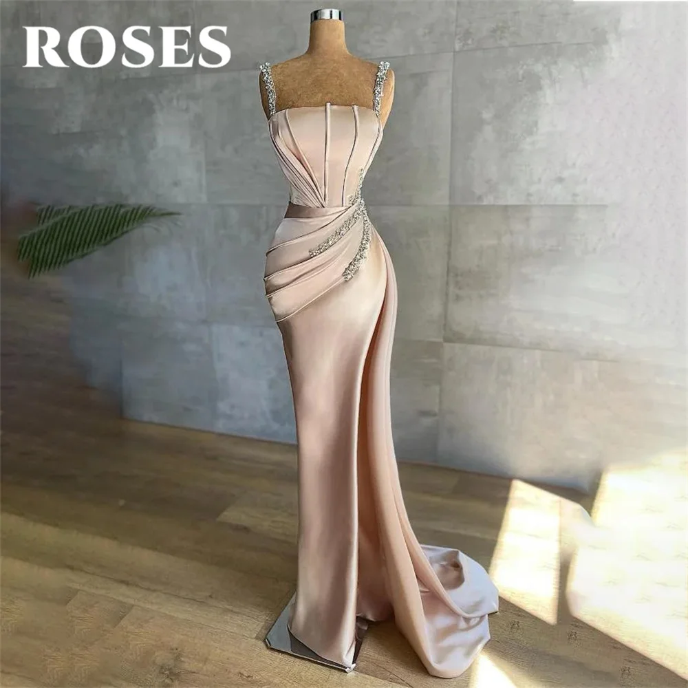 

ROSES Champagne Evening Gown Strapless Trumpet Satin Party Dress with Pleats Satin Spaghetti Strap High Side Slit Prom Dresses