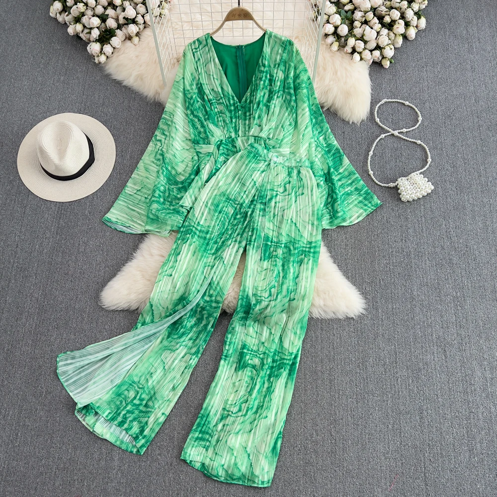 

Fashion Suit Women's Personality Tie-dye Print Bell-sleeved Waist Top Two-piece Set High Waist Slit Pleated Wide Leg Pants
