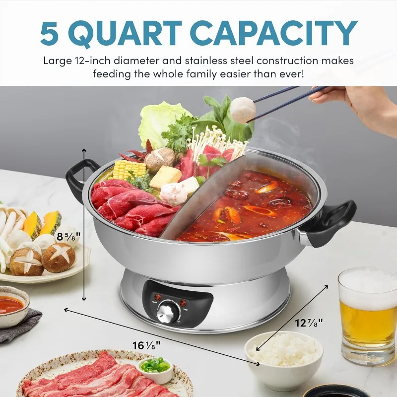 Double-Sided Hot Pot, 5-Quart, Stainless Steel, Multi-Function Rice Cooker 5