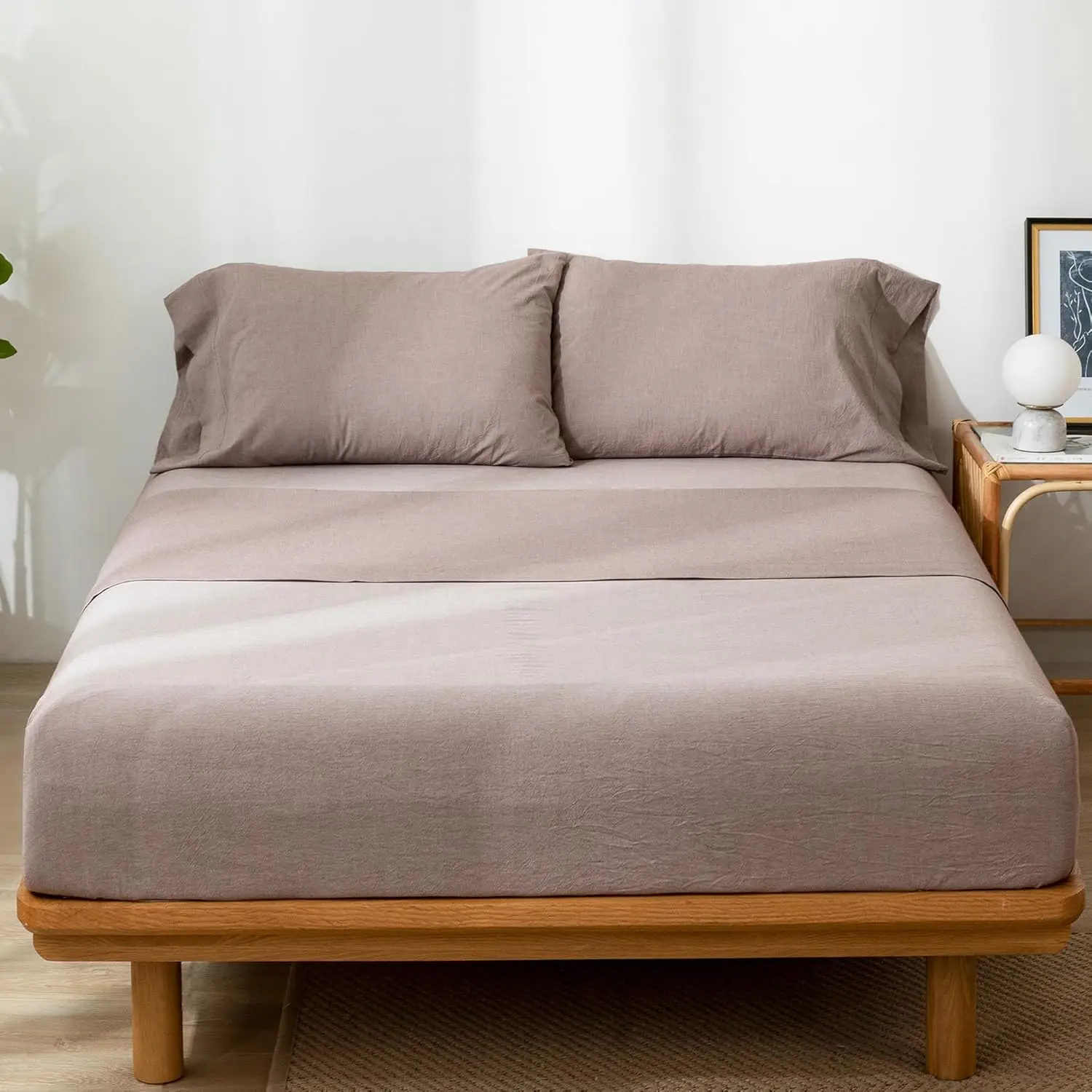 MooMee Bedding Sheet Set 100% Washed Cotton Linen Like Textured Breathable Durable Soft Comfy (Mauve Brown, King) 4
