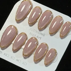 Elegant Gold - Edged Almond - Shaped Nude Pink False Nails (10 Pieces Set) (JBFS - S)