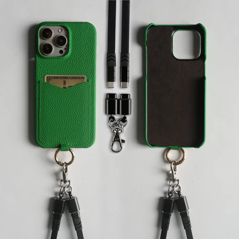 Multifunctional Leather Charging Cable Lanyard with Card Slot and Crossbody Strap