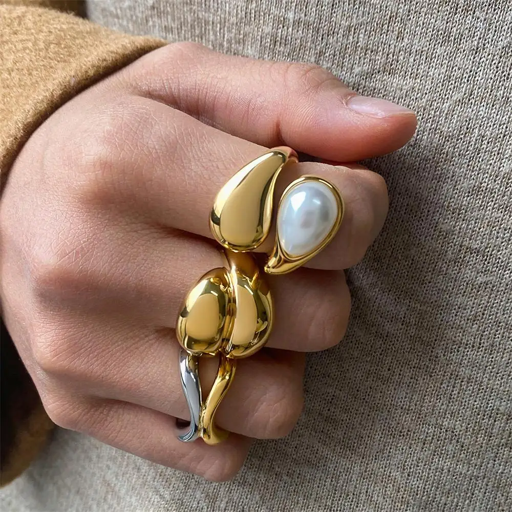 Vintage Dome Teardrop 18K Gold Plated Women's Rings Imitation Pearl Waterdrop Stainless Steel Open Chunky Ring Punk Jewelry Gift