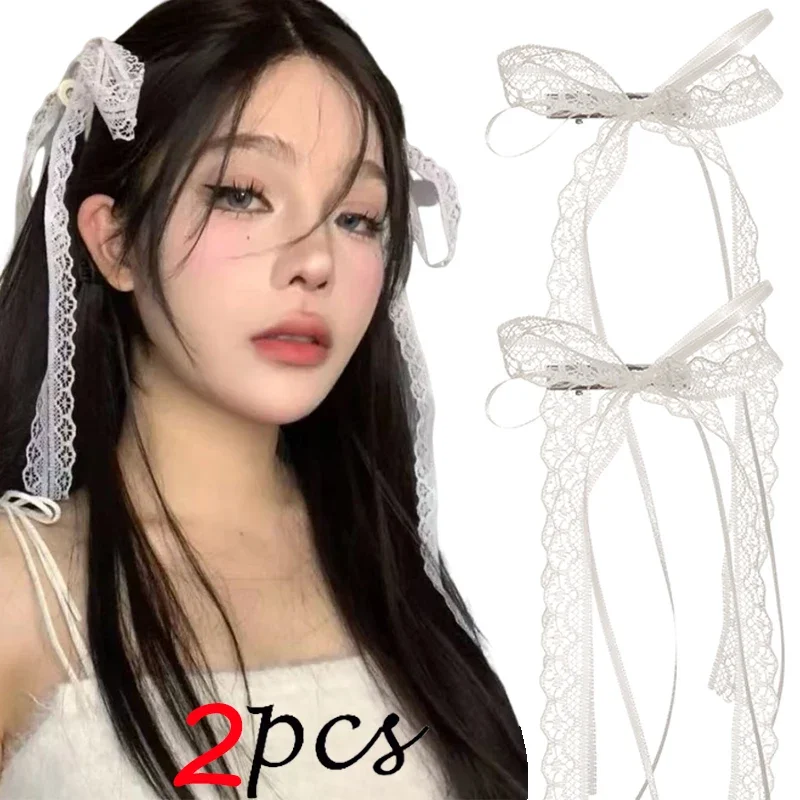 Korean Lace Cream White Bow Ribbon Hair Clip for Girls Hairpins Bullet Style Side Shredded Hairpin Headpiece Clip New Headwear