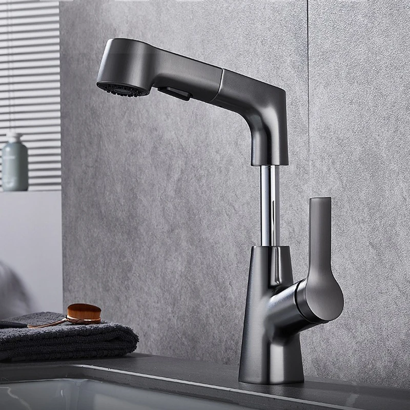 Gun Gray Lift Pull Basin Faucet Household Bathroom Hand Washing Basin Single-Hole Lift Hot And Cold Faucet