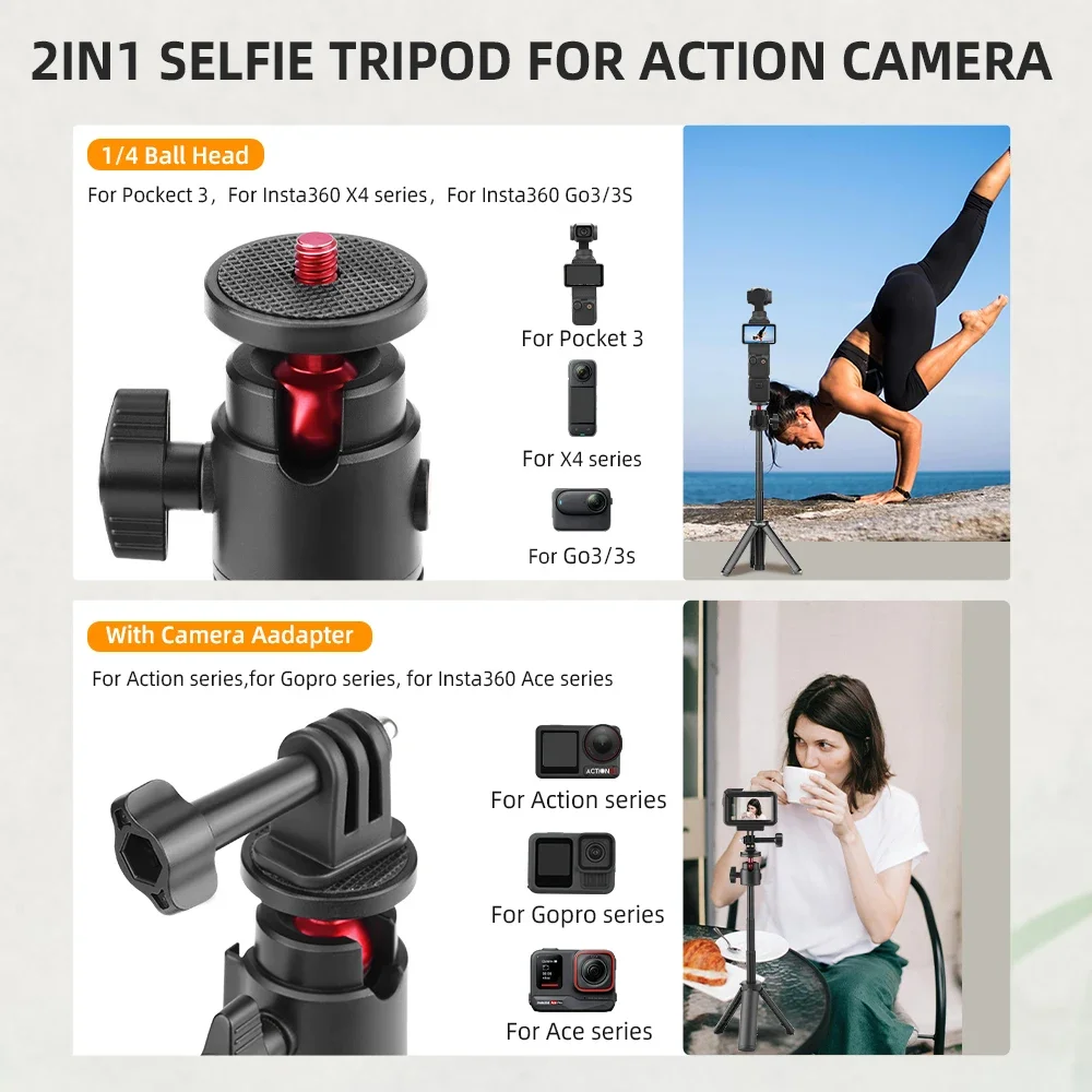 Trépied perche selfie pour caméra d'action, plié et prêt à être transporté dans un étui.
