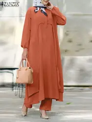 ZANZEA Muslim Abaya Suit Autumn Fashion Matching Sets Women Long Sleeve Blouse Pants Sets Urban Tracksuits IsIamic Dubai Outfits
