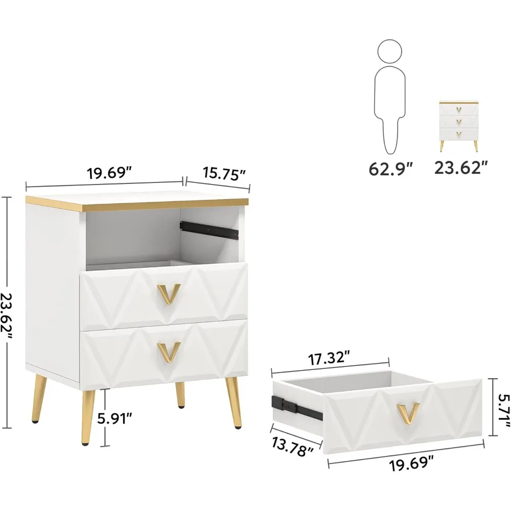 3-Drawer Nightstand Set of 2, Luxury Bedside Table End Table with Storage Drawers and Golden Legs, Modern Nightstand for Bedroo 3