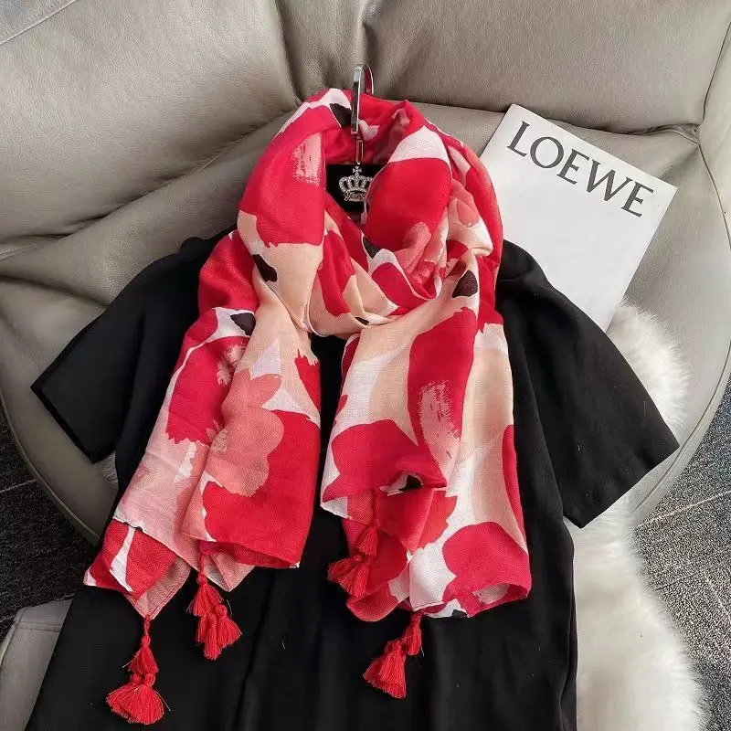 

2023 Woman's New Ethnic Style Cotton And Linen Halo Dyed Flower Scarf Shawl Free Shipping Travel Warmth Sun Protection Scarf