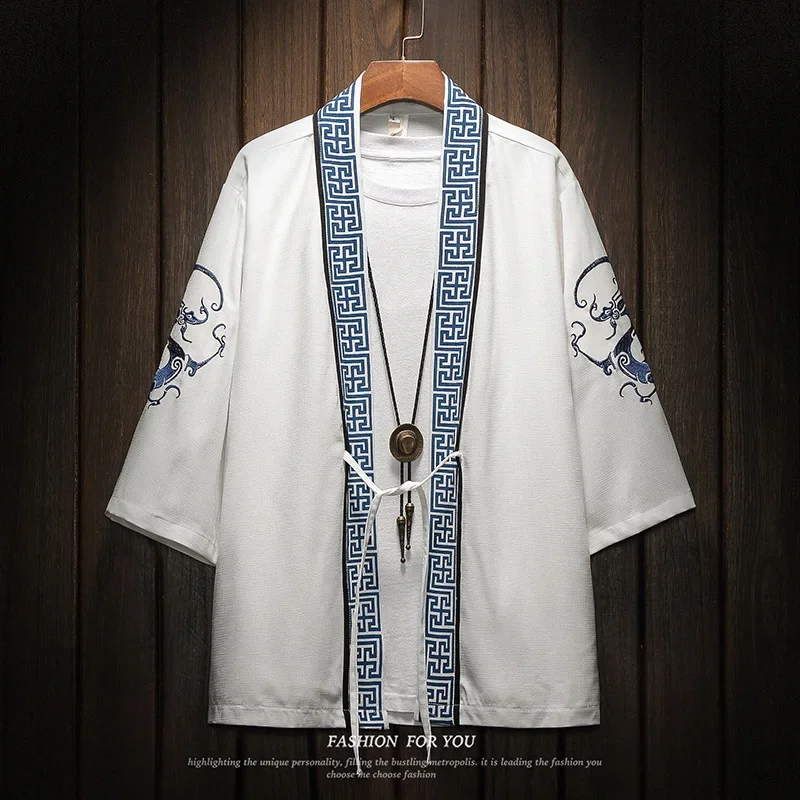 Chinese Dragon Men Kimono Top Clothing Oversize Cotton Linen Sunscreen High Quality Haori Shirt Japanese Anime Cosplay Blouse