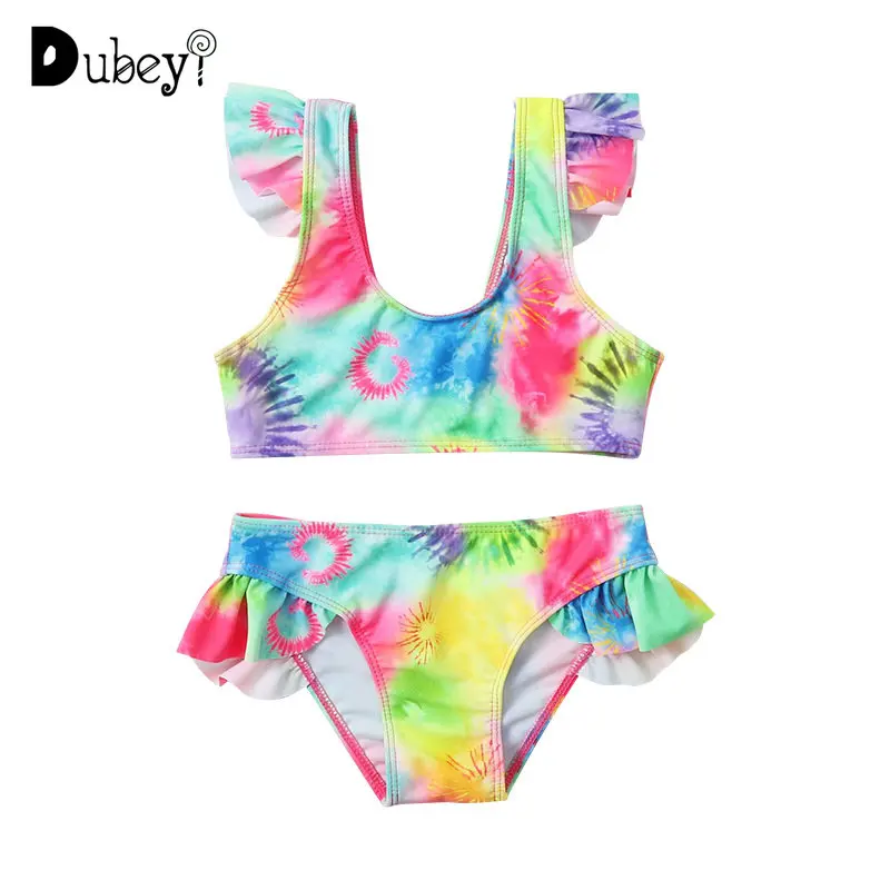 

Toddler Girl Lovely Two-Piece Swimwear with Ruffle Shoulder Pastel Bathing Suit Children Summer Swimming Wear
