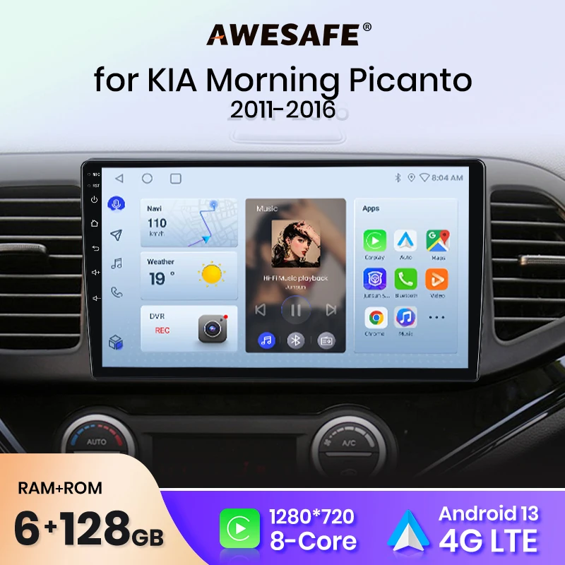 AWESAFE Wireless CarPlay Android Auto Car Radio For KIA Picanto Android GPS Navi SWC FM BT Plug and Play DSP Stereo