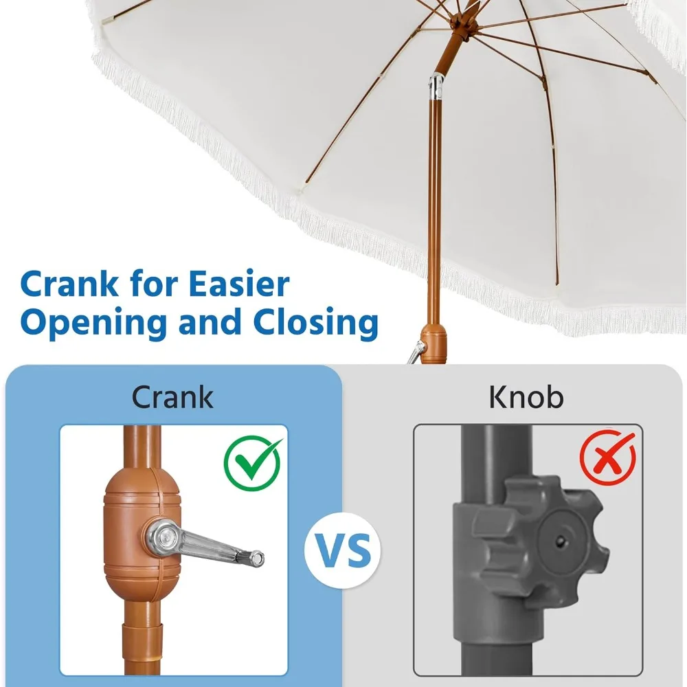 9ft Patio Umbrella with Tassels, Fringe Portable Beach Umbrella, Umbrella Outdoor Patio with Crank Operating Mechanism 6
