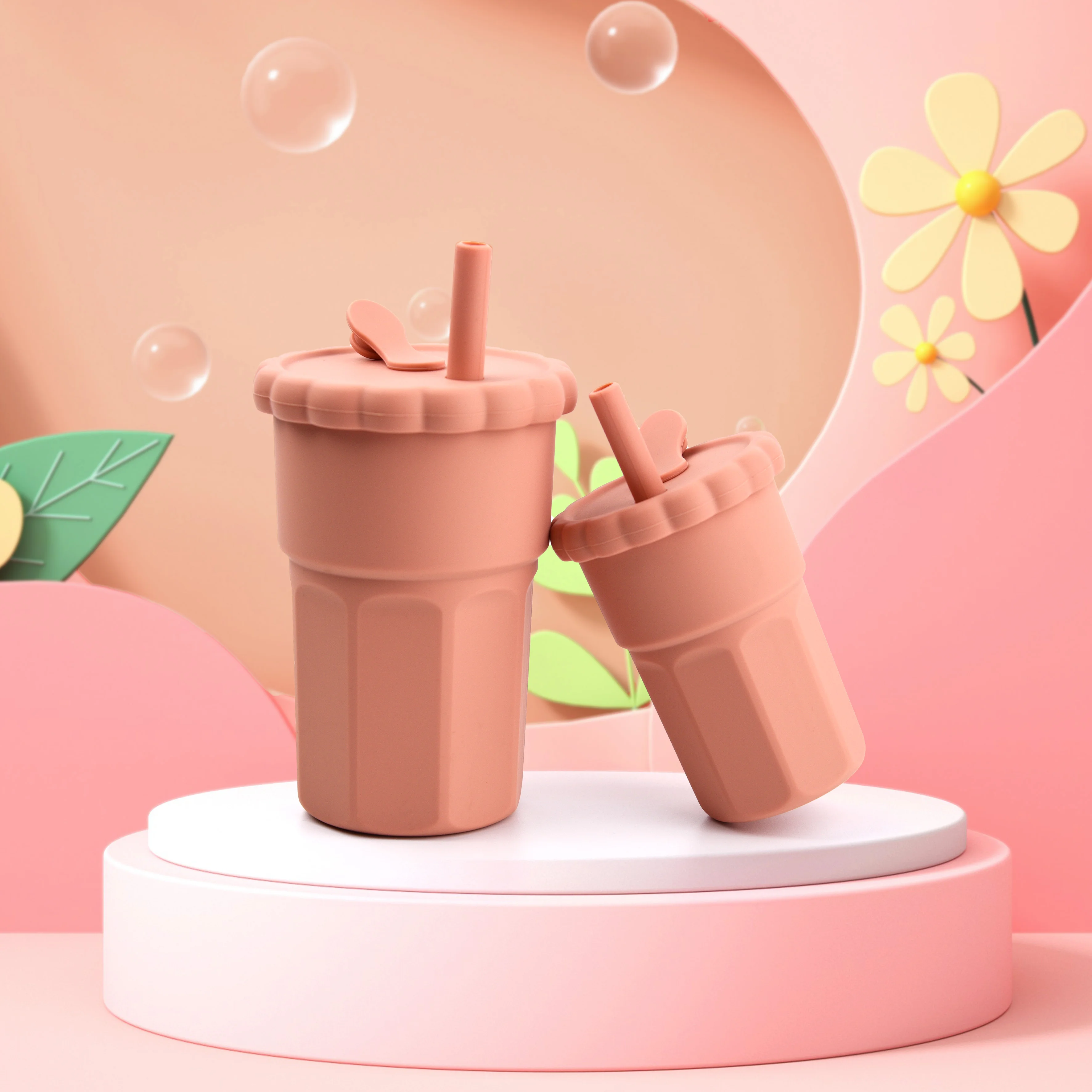 식품 등급 실리콘 누출 방지 학습 빨대 컵, 두 가지 크기, 500ml + 200ml