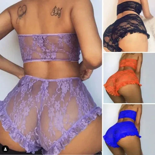 Women Sexy 2PCS Lingerie Set, Floral Lace Crop Slim See Through Mesh Top, High Waist Ruffle Short Pants Sleepwear Set