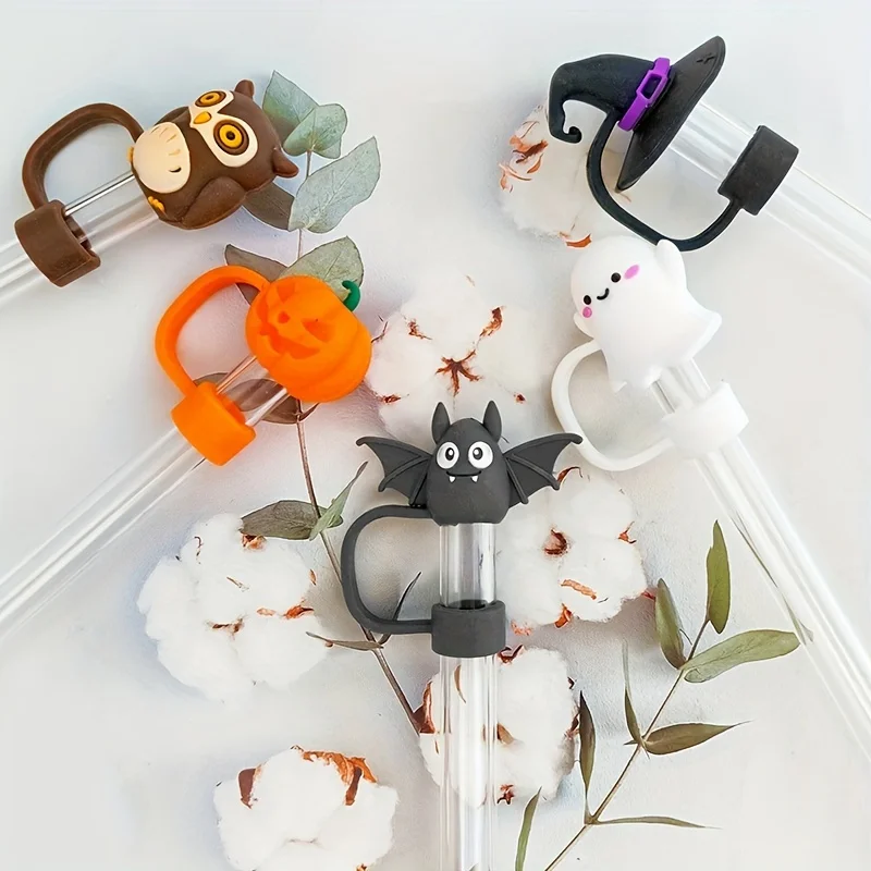 Halloween themed silicone straw cap-reusable, dust cover suitable for 10mm straw, ghost, bat, pumpkin, and wizard hat patterns
